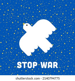 Stop war in Ukraine. White dove flying on blue sky with yellow stars. Peace symbol. Vector illustration, flat design