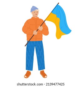 Stop War In Ukraine, Young Men At Rally Hold Flags Support Country. Human Character Take Part Political Participation Meeting. Protest, Parade Against Warfare. Flat Design Illustration