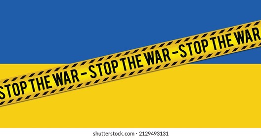 Stop the war in Ukraine.Ukrainian flag with "stop the war" ribbon.