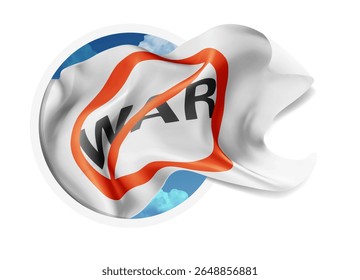 Stop war, vector 3d flag against a blue sky, through a round hole on a white background