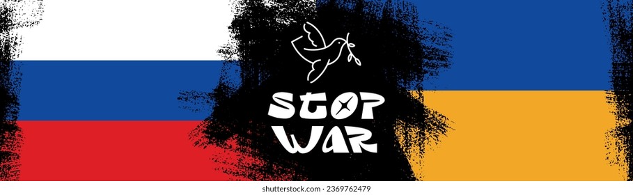 Stop war. Vector horizontal banner with Russia and Ukraine flag. White dove icon. Symbol of peace. Black brush stroke. Armed conflict. Invasion. White, blue, yellow, red stripe. Antiwar poster. Gun