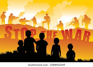 Stop the war. Vector illustration of campaign to stop war. War theme banner design concept. Silhouette of a small child looking at a terrible war