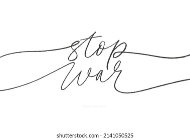 Stop war vector line calligraphy. Modern calligraphy isolated on white background. Black simple inscription with swashes, wavy lettering text. Hand drawn Ukraine patriotic lettering. 