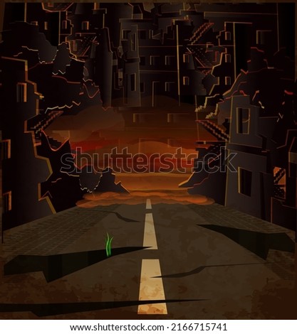 Stop War wallpaper, green grass grows on a ruined street. vector illustration