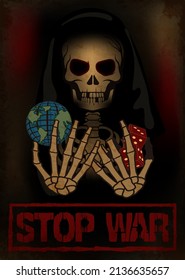 Stop war wallpaper, skeleton holding dice and earth. vector illustration	