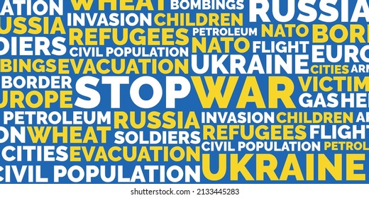 STOP WAR word cloud isolated. Vector background illustration. Stop war in Ukraine. Flag Ukraine