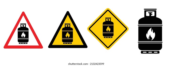 Stop, warning propane gas cylinder icon or logo. Cartoon vector gas cannister symbol. LPG tank or container. Propane bottles. caution. Fuel storage bottle. For holiday, camper, caravan, camping, tent.