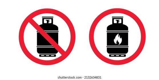 Stop, Warning Propane Gas Cylinder Icon Or Logo. Cartoon Vector Gas Cannister Symbol. LPG Tank Or Container For Propane Bottles. Caution, Oxygen Gas Cylinder. Fuel Storage Bottle. Camping Gas