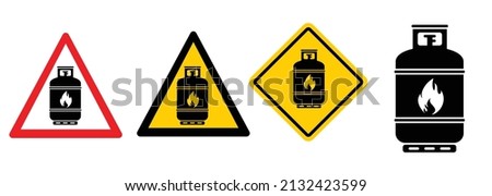 Stop, warning propane gas cylinder icon or logo. Cartoon vector gas cannister symbol. LPG tank or container. Propane bottles. caution. Fuel storage bottle. For holiday, camper, caravan, camping, tent.