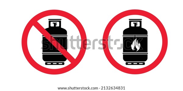 Stop, warning propane gas cylinder icon or logo.\
Cartoon vector gas cannister symbol. LPG tank or container for\
propane bottles. caution, oxygen gas cylinder. fuel storage bottle.\
Camping gas