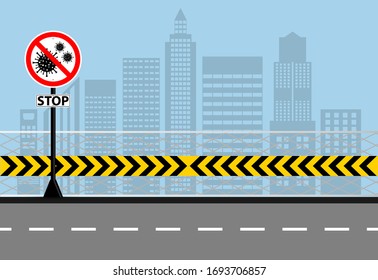 Stop warning sign coronavirus covid 19 on city background