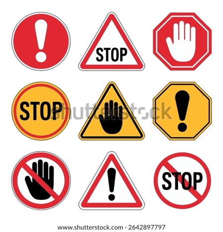Stop and Warning Sign Vector Bundle – Exclamation and Hand Symbols Collection