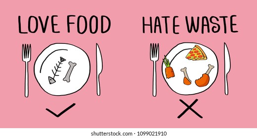 Stop Wasting Food Color Vector Illustration. Love Food And Hate Waste.