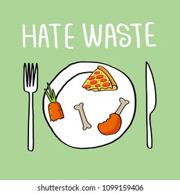 Stop Wasting Food Color Vector Illustration. Love Food And Hate Waste.