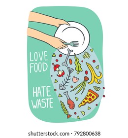 Stop Wasting Food Color Vector Illustration. Love Food And Hate Waste.