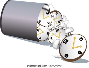 Stop Wasting Time. A Garbage Bin Filled With Alarm Clock Tipped Over, Vector Illustration