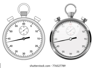 Stop watch. Flat drawing and 3d vector illustration isolated on white background