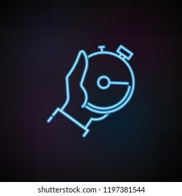 stop watch in hands icon in neon style. One of Speed collection icon can be used for UI, UX