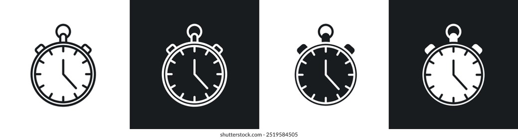 Stop watch icon collection in black and white filled and stroke line style.