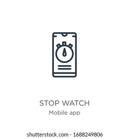Stop watch icon. Thin linear stop watch outline icon isolated on white background from mobile app collection. Line vector sign, symbol for web and mobile