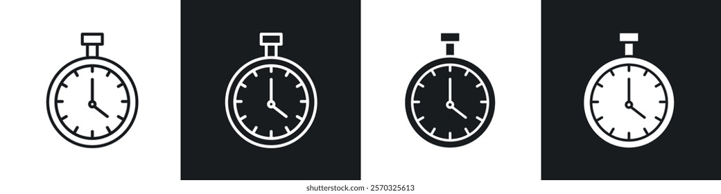 Stop watch icons vectors set in black. line and flat versions