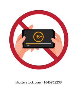stop watch porn campaign sign icon, mature video warning symbol with hand and smartphone cartoon flat illustration vector isolated in white background
