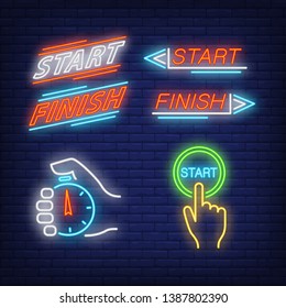 Stop watch, start and finish neon letterings set. Race, championship, competition design. Night bright neon sign, colorful billboard, light banner. Vector illustration in neon style.