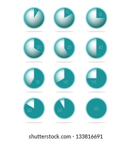 Stop watch or timer clock with 5 minutes intervals marked. Vector.
