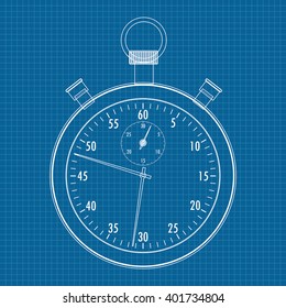 Stop watch. Vector illustration on blueprint background