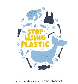 Stop water pollution isolated vector illustration. Stop using plastic word concept banner. Planet protection t shirt print idea. Plastic bottle and bag, whale and turtle clipart
