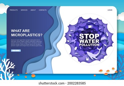 Alto a la contaminación del agua, diseño de la página de aterrizaje, plantilla de banner del sitio web, ilustración de corte de papel vector. Impacto dañino de microplásticos, pequeños trozos de desechos marinos en el agua de los océanos, vida acuática. Ecología.