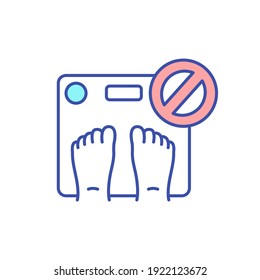 Stop weighing yourself RGB color icon. Self care tips. Eating disorder. Motivation to exercise, lose weight. Stop body shaming, promote body positivity. Person on scales. Isolated vector illustration