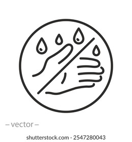 stop wet hands icon, no wash hand, forbidden sign with drops in palm, line vector illustration