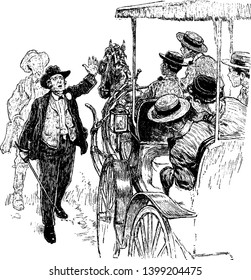 Stop where a man waves to an oncoming horse drawn coach to stop, vintage line drawing or engraving illustration.