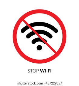 Stop wifi striker, icon, sign. Not wi-fi area symbol. Wireless Network icon. Wifi zone. Red circle connection prohibition emblem isolated on white background.