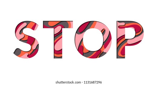 Stop word made of paper cut alphabet letters vector illustration isolated on white. Stop sign in red pink cherry and grey. Vector STOP word with multi layers paper cut effect.