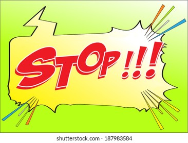 Stop wording in comic speech bubble style on green background 