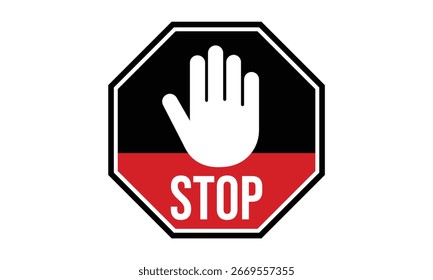Icono del símbolo de la mano de la advertencia del trabajo de parada en el diseño rojo y negro del Vector del polígono