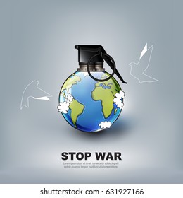 Stop world war concept advertisement, no war in form of hand grenade bomb and flying dove, vector illustration