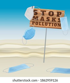 Stop wrong face masks disposal. Medical supplies polluting the ocean beach. Vertical poster. Polluted waters. New normal. Threat to the ecosystem. Plastic pollution ecology crisis. Vector illustration