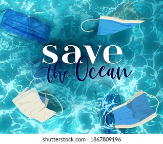 Stoppen Sie die falsche Gesichtsmasken-Entsorgung. Medizinische Hilfsgüter verschmutzen den Meeresstrand. Horisonales Poster. Verschmutztes Wasser. Neu normal. Bedrohung des Ökosystems. Umweltkrise durch Plastikverschmutzung Vektorgrafik
