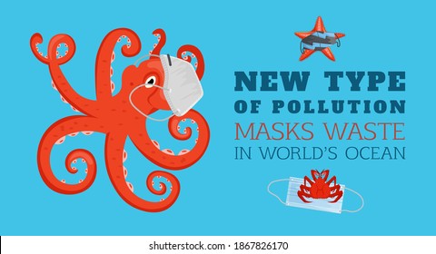 Stop wrong face masks disposal. Medical supplies polluting the ocean. Safe ecology. Horizontal poster. Polluted waters. New plastic pollution crisis. Vector illustration in a flat cartoon style