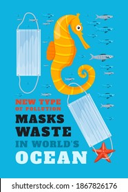 Stoppen Sie die falsche Gesichtsmasken-Entsorgung. Medizinische Hilfsgüter verschmutzen das Meer. Sichere Ökologie. Vertikales Poster. Verschmutztes Wasser. Neue Krise der Plastikverschmutzung. Vektorgrafik im Stil eines flachen Cartoons