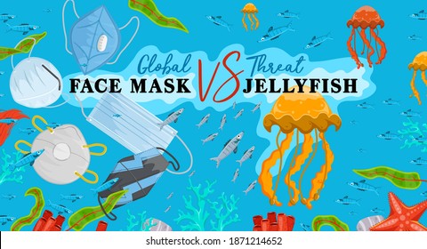 Stop wrong face masks disposal. Medical supplies polluting the ocean. Safe ecology. Horizontal poster. Polluted waters. New plastic pollution crisis. Vector illustration in a flat cartoon style