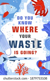 Stop wrong face masks disposal. Medical supplies polluting the ocean. Safe ecology. Vertical poster. Polluted waters. New plastic pollution crisis. Vector illustration in a flat cartoon style