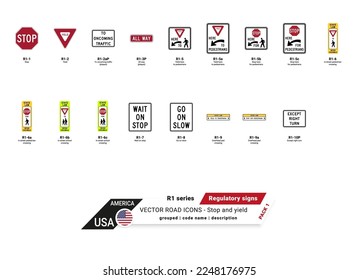 Señales de parada y rendimiento serie R1 regulatoria - vector con escudo, nombre y descripción del signo de Estados Unidos de América.