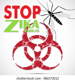 Stop Zika Virus, Aedes Aegypti mosquito with Grunge Biohazard Symbol. Biological Hazard Symbol. Ideal for educational, informational, institutional, related or sanitation care. Isolated vector