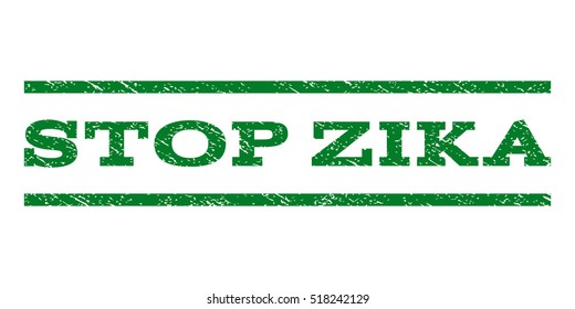 Stop Zika watermark stamp. Text caption between horizontal parallel lines with grunge design style. Rubber seal stamp with unclean texture. Vector green color ink imprint on a white background.