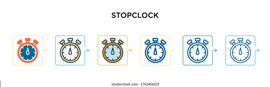 Stopclock vector icon in 6 different modern styles. Black, two colored stopclock icons designed in filled, outline, line and stroke style. Vector illustration can be used for web, mobile, ui