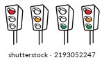 Stoplight. Cartoon, comic street traffic light. Drawing traffic lights signal icon or sign. Red, yellow and green. Road symbol. Signals for navigation. Stop, wait or go signboard.v.